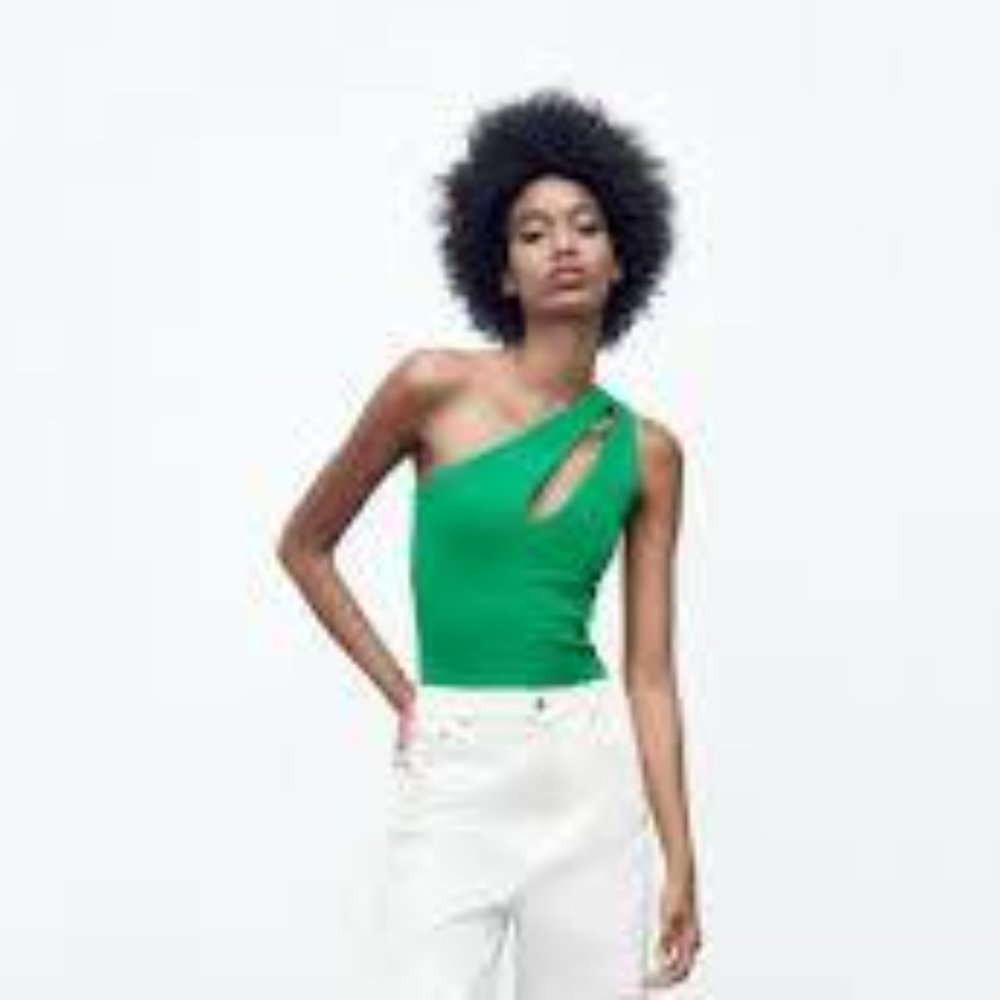 Zara One-shoulder Green Cutout Bodysuit Size S